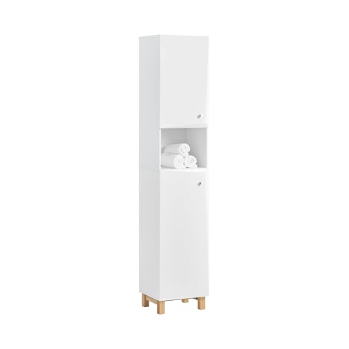 SoBuy Tall Slim Bathroom Storage Cabinet with 2 Doors and 1 Drawer, Long Cabinet Storage Narrow Standing Storage Cupboard for Laundry Room, Kitchen and Corner Spaces, White, BZR91-W