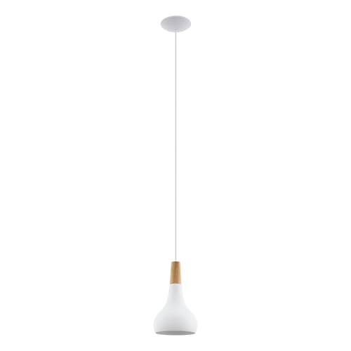 EGLO Pendellampe Sabinar, Pendelleuchte aus Stahl und Holz, Hängelampe in Weiß, braun, Fassung E27, Ø 18 cm, FSC zertifiziert