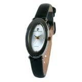 Pierre Cardin Ladies Black Leather Strap Oval Silver Dial Watch