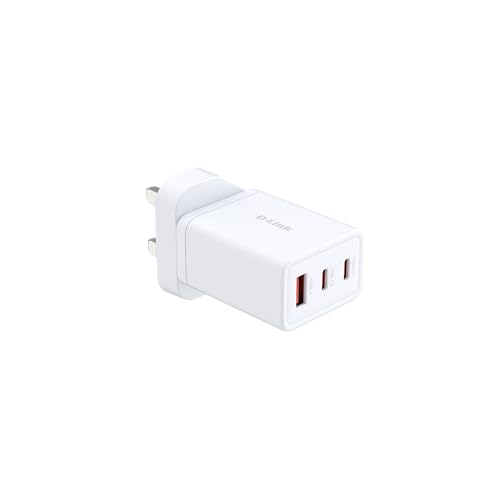D-Link DCP-651 Chargeur GaN 65W – Chargeur Rapide 2 x USB-C & 1 x USB-A, Adaptateur de Voyage Compact avec Prises interchangeables (UK/EU/US/AU) – PD 3.0 & QC 4.0