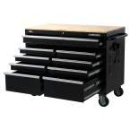 Husky workbench with every drawer pulled open showing the range of shallow and deep drawers