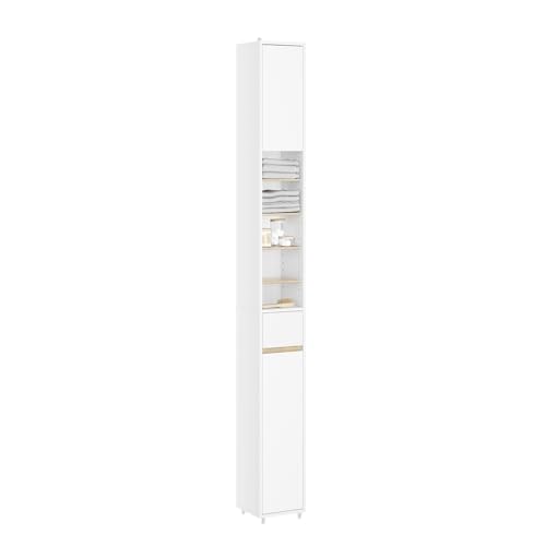 SoBuy Muebles para Baño, Organizador de Baño Estrecho, Mueble Esquinero para Baño, Armario de Almacenamiento Baño, Armario Alto con Cajón y Estantes Ajustables, de 180cm(Natural BZR34-WN)