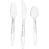 Oaklyn (300 Count) Heavy Duty Clear Plastic Cutlery Set - 100 Forks 100 Spoons 100 Knives - Bulk Disposable or Reusable Heavyweight Fancy Utensils