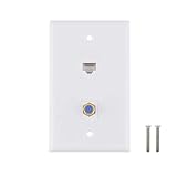Ethernet Coax Wall Plate - Cat6 F Type Wall Plate, 1 Port Cat6 Keystone and 1 Port F Type Connector Coax Keystone - White