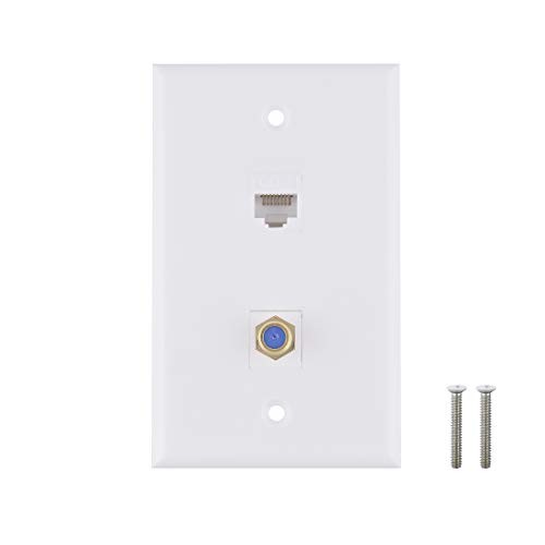 Ethernet Coax Wall Plate - Cat6 F Type Wall Plate, 1 Port Cat6 Keystone and 1 Port F Type Connector Coax Keystone - White