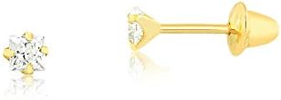 14k Hypoallergenic Yellow Gold Synthetic White Cubic Zircon Push Backs Stud Earrings for Newborn and Babies (1.75 mm)