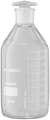 BOROSIL 1500029 Reagent Bottles, Plain, Narrow Mouth, Graduated with Interchangeable Flat Head Solid Glass Stopper ISO 4796-2 Ground Neck Borosilicate Glass 1000 mL