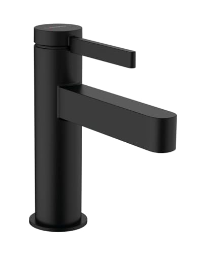 hansgrohe Waschtischarmatur Finoris, Wasserhahn Bad mit Auslauf Höhe 100 mm, mit Push-Open Ablaufgarnitur, Badarmatur wassersparend, Mattschwarz