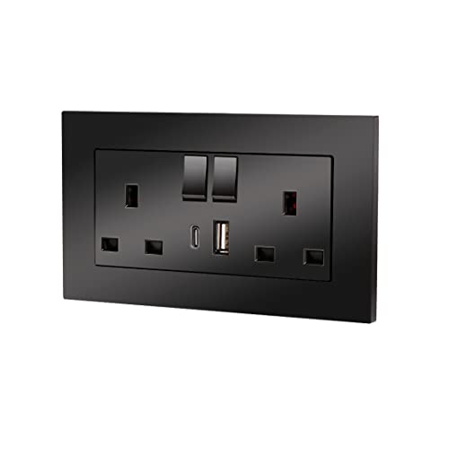 5 Pack CNBINGO Double Switched Power Socket with Dual USB Charging Ports (Type A and C), Black 13 Amp Electric Wall Socket