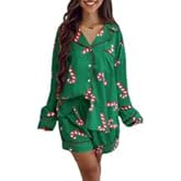 SYHVGI Women Christmas Pajama Set Satin Long Sleeve Lapel Santa Claus/Christmas Tree Print Shirt Shorts Lounge Sleepwear Set