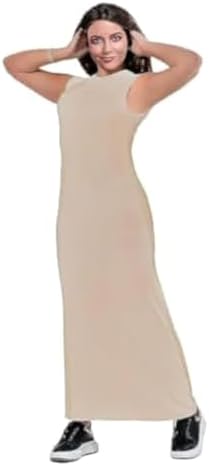 Basic Long Dress Sleeveless Round-Neck 95% Cotton (L-XL, Beige