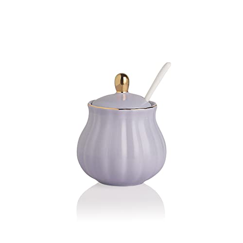 Sweejar Royal Ceramic Sugar Bowl, 8 Ounce Sugar Container with Spoon and Lid, Porcelain Salt Bowl Salt Container, Sugar Holder for Coffee Bar, Home and Kitchen(Purple)