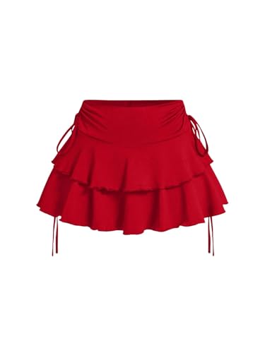 PRSFPN Women's Y2k Mini Ruffle Skirts with Shorts Cute Coquette Skort Red at Amazon