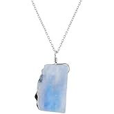 Rainbow Moonstone Sterling Silver Necklace For Women Handmade Pendant, Crystal Raw Rough Gemstone, June Birthstone Gift Chain 20 inch, Girls Jewelry