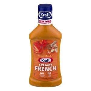 Kraft dressing creamy french soybean Oil, high fructose corn syrup, Water vinegar, salt, contains less than 2% of whey (from (021000642823)
