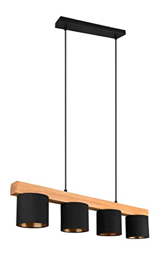 Reality Leuchten Pendelleuchte Cameron R30654002, Metall Schwarz matt, Stoffschirm schwarz,goldfarbig, Holz, exklusiv 4x E14