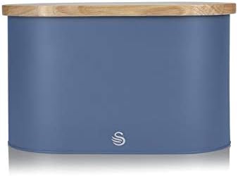 Swan Nordic Oval Bread Bin with Cutting Board Lid, Carbon Steel Body, Airtight Bamboo Lid, Blue