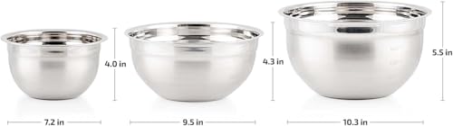 OVENTE Mixing Bowl Set with Lids, 3-Piece Stainless Steel Nesting Bowls for Easy Food Storage, Stackable Design, Kitchen Essential for Baking, Cooking and Prepping, Size 5, 3.5, 1.5QT, Silver BM46333S