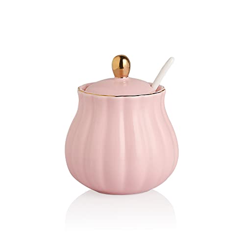 Sweejar Royal Ceramic Sugar Bowl, 12 Ounce Sugar Container with Spoon and Lid, Porcelain Salt Bowl Salt Container, Sugar Holder for Coffee Bar, Home and Kitchen(Pink)