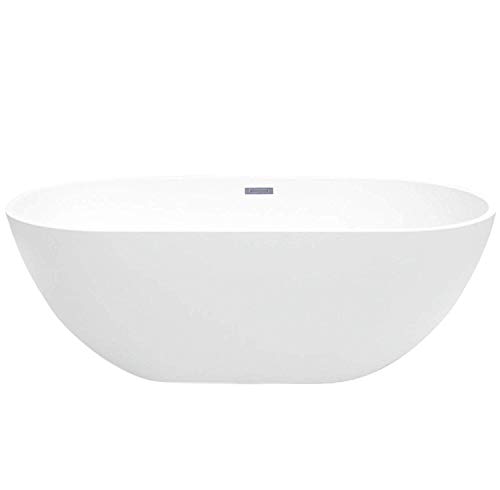 MAYKKE Barnet 61" Acrylic Bathtub Retains Heat White Modern Oval Freestanding Comfortable Soaking Tub in Bathroom Lavatory, Shower cUPC certified, Drain & Overflow Assembly Included XDA1407001