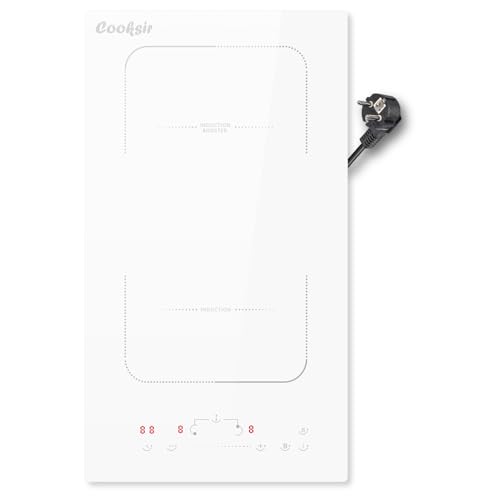Cooksir White Induction Hob with 2 Burns, Built-in Induction Hob 30 cm with Plug, Flexible Zone, 3500 W, Touch Slider, Safety Lock, 230 V, 16 A