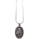 Saint Benedict Silver Medal Necklace, Religious Patron Saint Pendant, Antique Oval Medallion, Sterling Snake Chain, San Benito, Protection necklace with prayer card in spanish