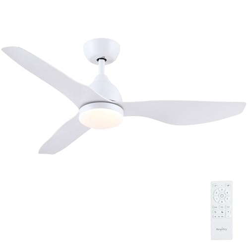 Newday 46”White Ceiling Fan with Light and Remote, LED Lamp Dimmable, Quiet Reversible DC, Sleep Mode, 3 Timer for Bedroom Living Room Kitchen Terrace Conservatory
