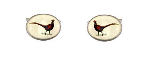 Pair of Oval standing Pheasant Country Cufflinks, presented in a lovely gift box. For game shooting enthusiasts., Standard, White