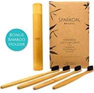 Bamboo Toothbrush (4 Pack) Plus Bonus Bamboo Holder - Soft BPA Free Charcoal Infused Nylon Bristles - Biodegradable Wooden Charcoal Toothbrush - Great For Sensitive Gums (4 Toothbrushes, 1 Holder)