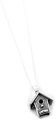 Bird House Necklace Sterling Silver Charm Jewelry Sparrow Nature Woodland Theme (20 Inches)