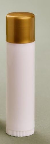 Ten .15 oz White Plastic Empty Lip Balm Dispensers Tubes With Push Up and Dark Gold Circle Cap