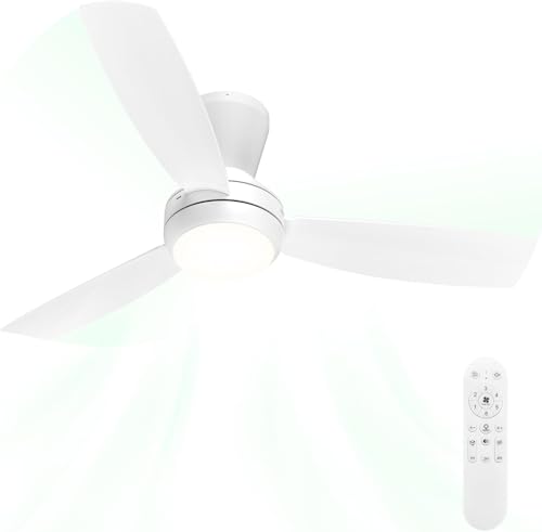 Airwit Ceiling Fan with Adjustable LED Light, 106 cm, 3 Snap-on Blades, Silent Ceiling Fan with Remote Control for Bedroom Living Room Kitchen, 6 Speeds, Quick Assembly, White