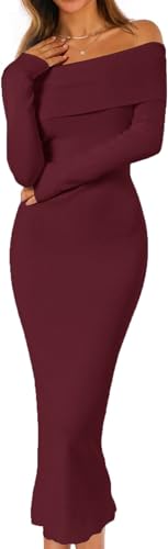 2129EMqWC3L Elfin Strickkleid Damen Elegant Cocktail Party Kleider Abendkleid Schulterfrei Langarm Pullover Kleid Hochzeit Festlich Bodycon Maxikleid (L, Burgundy)