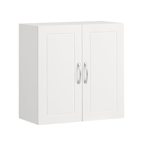 SoBuy Wall Mounted Cabinet White Bathroom Wall Cabinet with Double Doors and Adjustable Shelf, Storage Cupboard Hanging Kitchen Pantry Organizer Over the Toilet, 60x30x60cm, FRG231-W