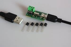 USB temperature sensor interface for DS18B20 incl. 5 temperature sensors DS18B20 and USB cable, Green