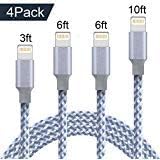 Akaho iPhone Cable,4Pack 3FT 6FT 6FT 10FT Nylon Braided iPhone Cord Lightning Cable Certified to USB Charging Charger for iPhone 7/7 Plus/6S/6S Plus,SE/5S/5,iPad,iPod Nano 7 (Gray White)