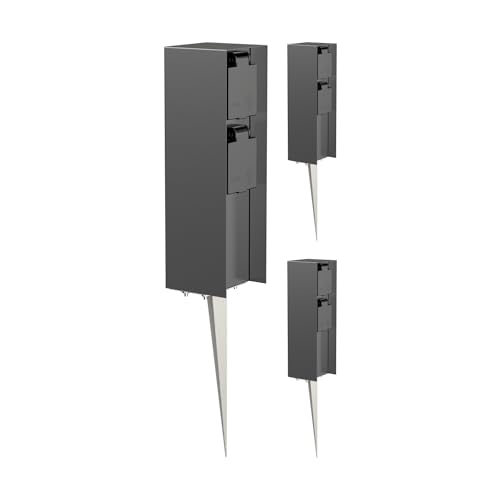 ledscom.de 3X Garten-Steckdosen-Säule POMI mit Erdspieß für außen, IP44, 2-Fach, anthrazit, eckig, 23cm
