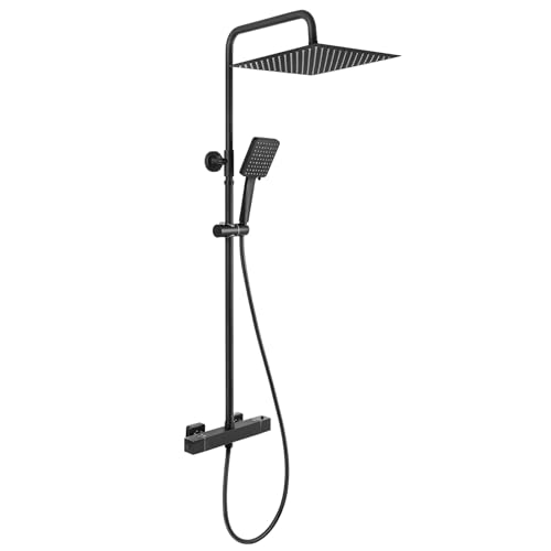 Auralum Matte Black Thermostatic Shower Column, Complete Shower Set with 30 cm Rain Canopy and 6 Jets Shower Head, Anti-Limescale Bathroom Mixer, Adjustable Bar 88-124 cm