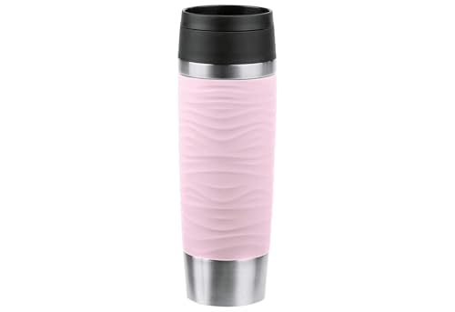Emsa N20227 Travel Mug Wave Insulated Mug 0.5 litres, Comfort Screw Cap, Stainless Steel, 6 Hours Hot and 12 Hours Cool, 100% Leak-Proof, Dishwasher Safe, 360° Drinking Opening, Pastel Pink