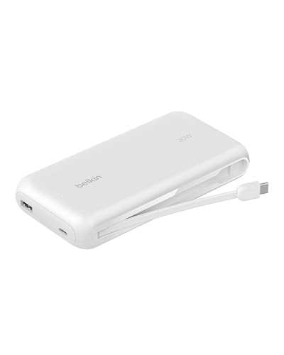 Belkin Tragbares Ladegerät, Powerbank mit integriertem Kabel, 20 K PD 30 W – Schnellladung USB-C Netzteil Tragbares Ladegerät für iPhone 16 Serie, iPa