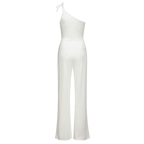 Sunyastor One Shoulder Jumpsuits for Women Elegant Night Sexy Casual Summer Rompers Wide Leg Shorts Long Pants Belt Pockets White - Thumbnail 3