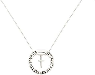 Silver Tone "With God All Things Are Possible" Cross Pendant Statement Necklace