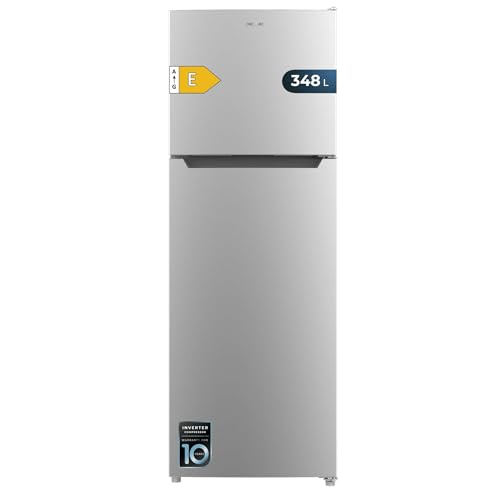 Cecotec Bolero CoolMarket 2D 348 NF Inox E. Inverter compressor, 348L, NoFrost, class E, modern stainless steel design, low energy consumption.