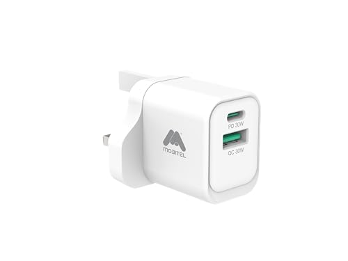 Mobitel 33W GaN Fast Wall Charger with USB-C & USB-A Dual Port PD Quick Charge Plug Compact UK 3-Pin Power Adapter for iPhone Samsung Pixel iPad (White)