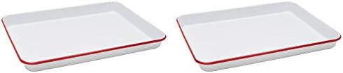 Crow Canyon - Set of 2 Enamelware Jelly Roll Trays. Each Tray is 16 Inches Long By 1.5 Inches Tall By 12.5 Inches Wide (White with Red Rim)