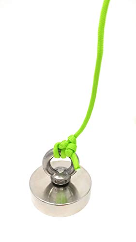 Magnet Fishing Kit "THE GREEN GRABBER" Fully Assembled Super Strong Magnet neodymium Premium 350 lbs force with factory locked eye bolt threads 100 ft of 550 Paracord and Snap Clip for safe attachment
