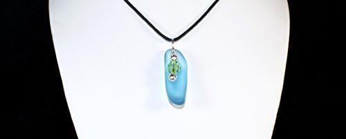 Sapphire Sea Glass Pendant Necklace w/ Peridot Swarovski Crystal Charm. Peridot is the Birthstone color for August. All Orders Ship with a Waxed Cotton Necklace and Proper Gift Box. Item: AMZN025-SAP