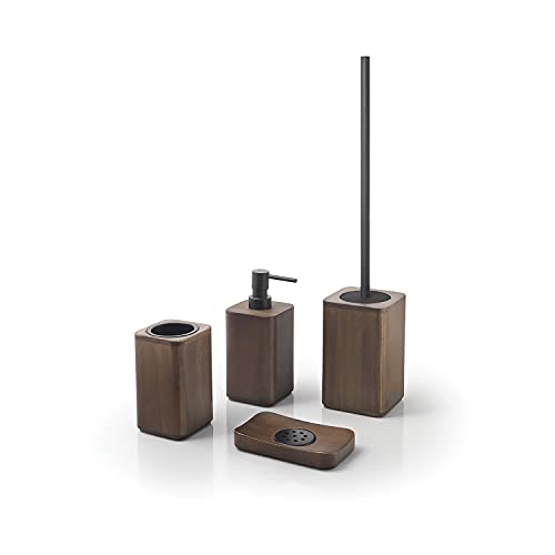 GEDY | Set Dafne 4 Pieces, 1 Soap Holder, 1 Toilet Brush, 1 Soap Dispenser and 1 Toothbrush Holder, Made of Bamboo, Walnut Colour