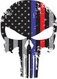 Punisher Skull 5.5 x 4 Inch Tattered Subdued Us Flag Reflective Decal with Thin Blue and Red Line