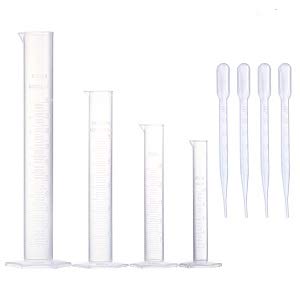 Yizerel Measuring Cylinder Set, 4 Sizes Graduated Polypropylene Lab Test Tubes in 100 ml, 50 ml, 25 ml, 10 ml for Laboratory, Science Experiments with 4 Plastic Droppers in 3 ml
